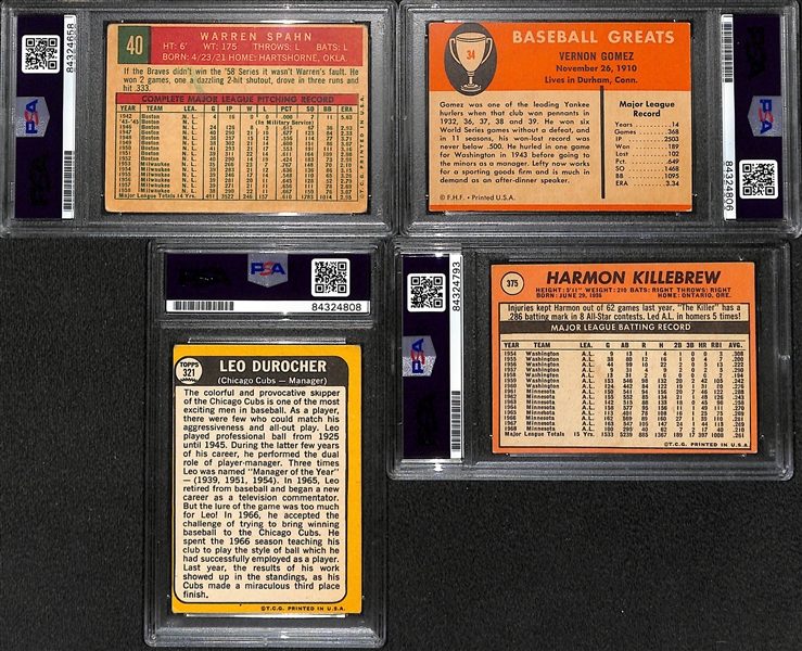 (4) Signed Vintage HOFer Baseball Cards - 1959 Spahn, 1961 Fleer Lefty Gomez, 1968 Durocher, 1969 Killebrew (PSA/DNA Encased w. 2 Gem Mint Auto Grades)